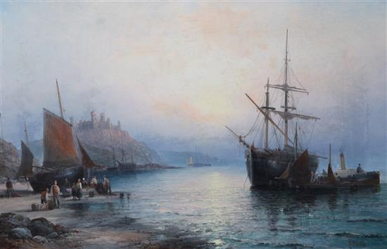 Charles Anslow Thornley (1859-1885) Shipping along the coast at sunset and Hay barge in an estuary, 15.5 x 23.5in.